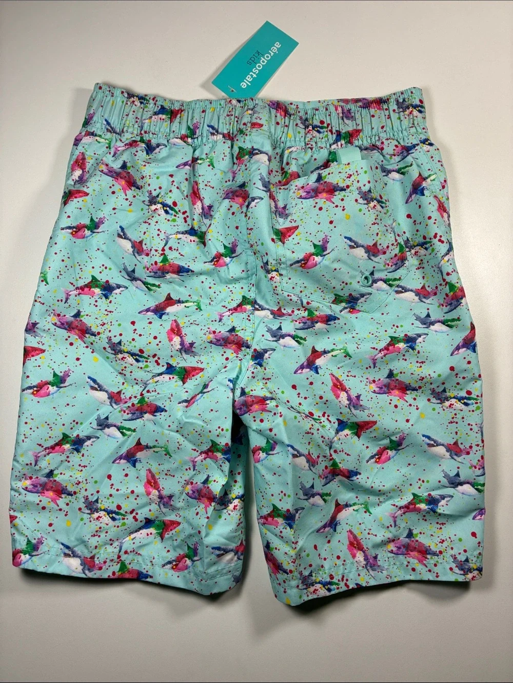 NWT Aeropostale Kids Aqua Multicolor Shark Print Swim Trunks, size 10